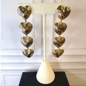 Sugarfix Gold Tiered Heart Drop Earrings Statement Graduated Dangle 4 Inch